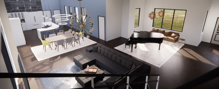 3D view of main living space from the staircase